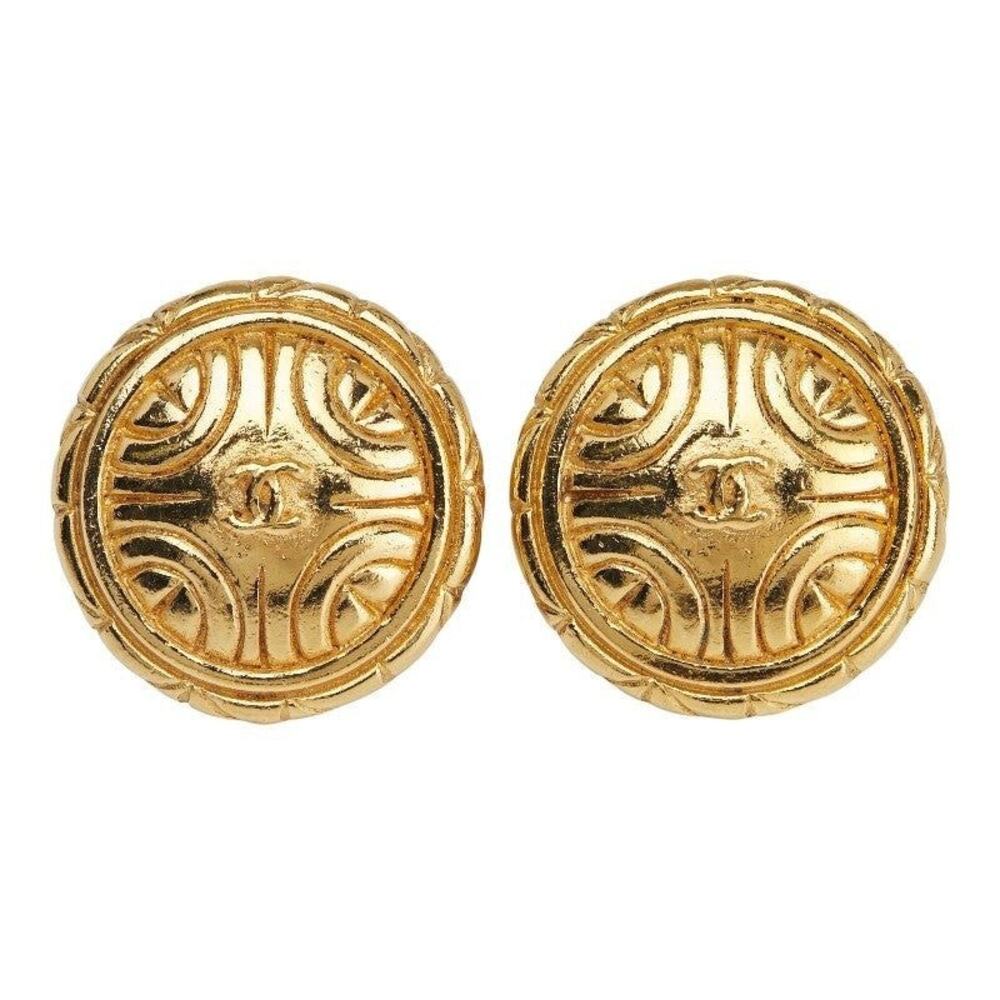 Chanel CC Logo Round Plated Earrings Gold